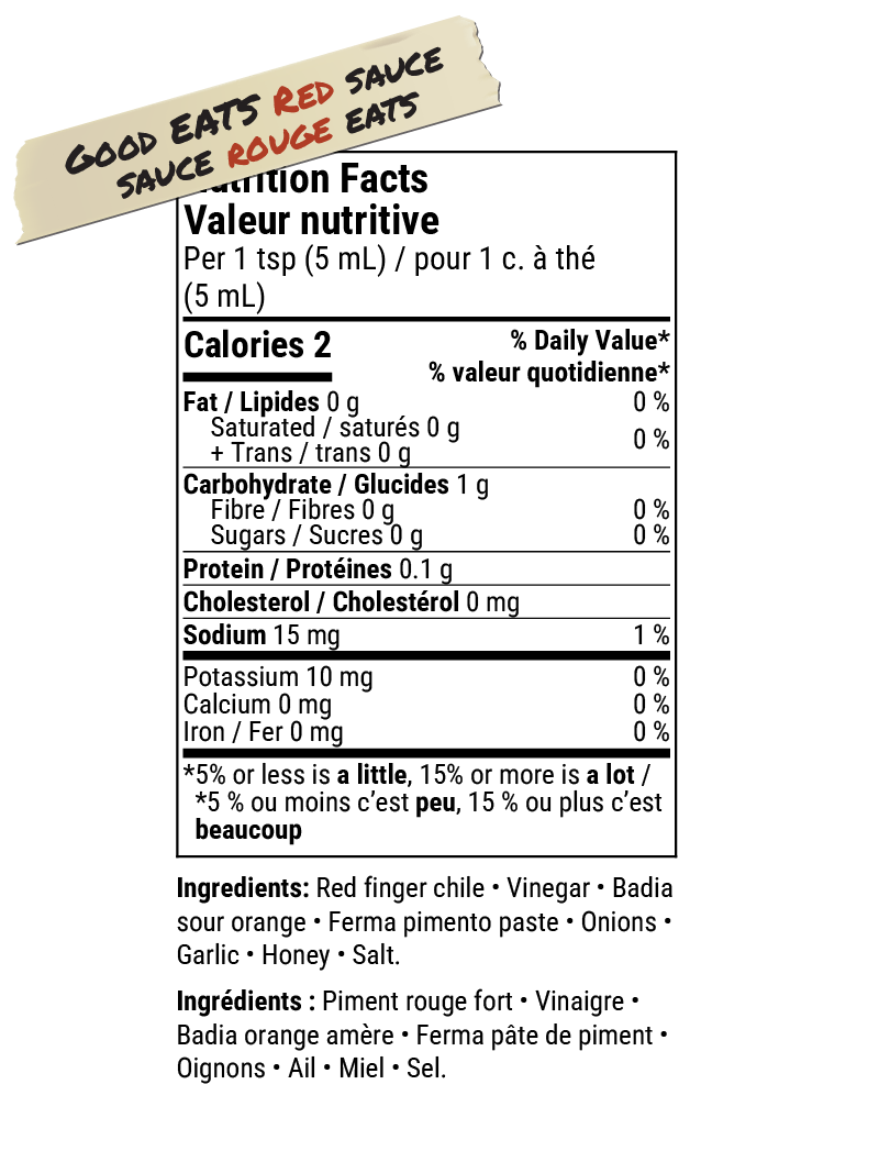 A nutrition facts label for a red sauce, with bilingual English and French text. The header reads 'GOOD EATS RED SAUCE / SAUCE ROUGE EATS' on a torn paper graphic.