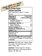 A nutrition facts label for a red sauce, with bilingual English and French text. The header reads 'GOOD EATS RED SAUCE / SAUCE ROUGE EATS' on a torn paper graphic.
