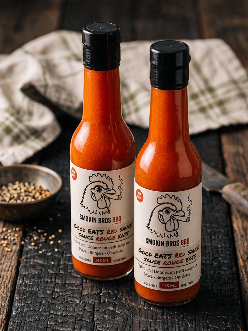 Two bottles of Smokin Bros BBQ Good Eats Red Sauce (Sauce Rouge EATS) standing on a rustic dark wooden table with a crumpled white cloth and a small bowl of peppercorns in the background.
