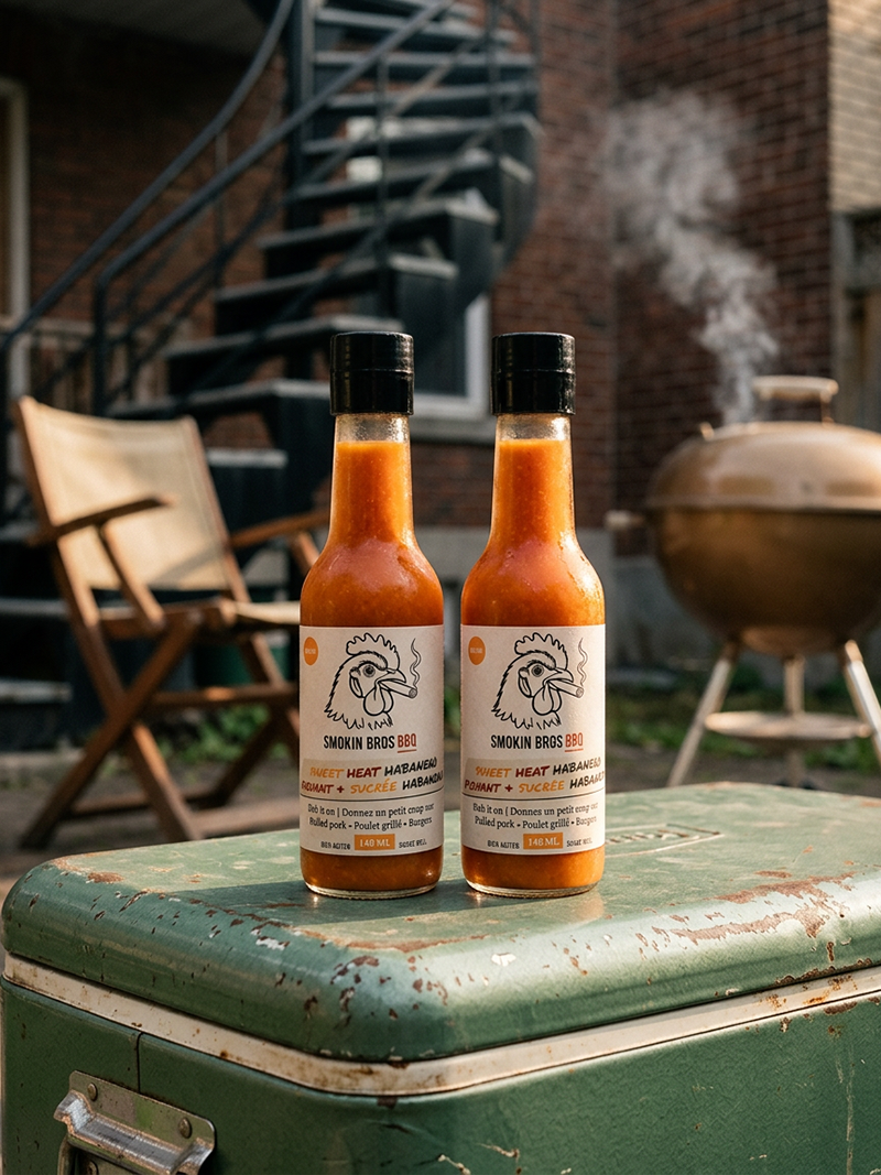 Two bottles of Smokin Bros BBQ Sweet Heat Habanero sauce standing on a green metal cooler outdoors, with a brick building, staircase, chair, and grill in the background.