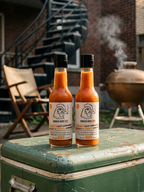 Two bottles of Smokin Bros BBQ Sweet Heat Habanero sauce standing on a green metal cooler outdoors, with a brick building, staircase, chair, and grill in the background.