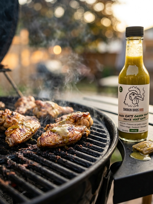A bottle of Smokin' Bros BBQ Good EATS Green Sauce next to a black grill with chicken wings cooking, set in an outdoor backyard environment. A brush with green sauce is next to the bottle.