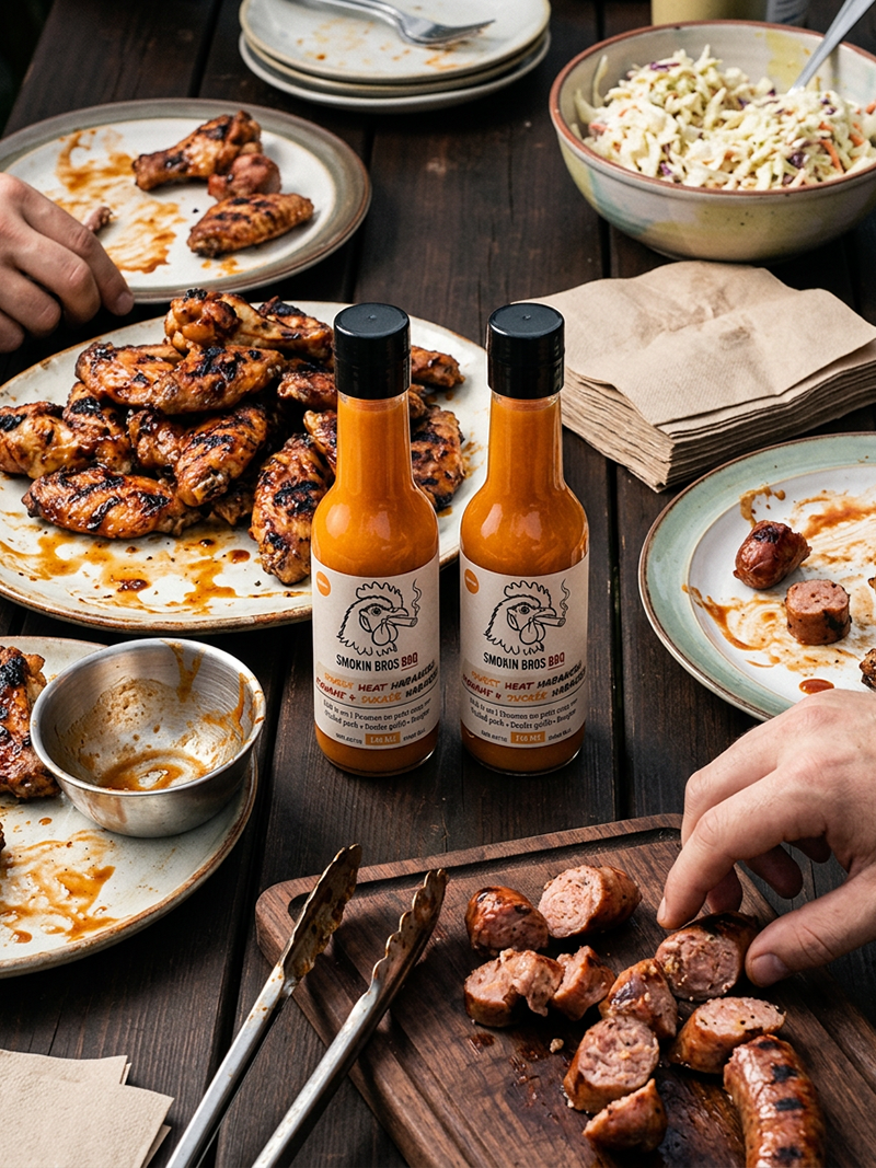 Two bottles of Smokin Bros BBQ Sweet Heat Habanero Sauce placed on a dark wooden table surrounded by grilled chicken, sausage, coleslaw, plates, and hands reaching for food, indicating a lifestyle setting.