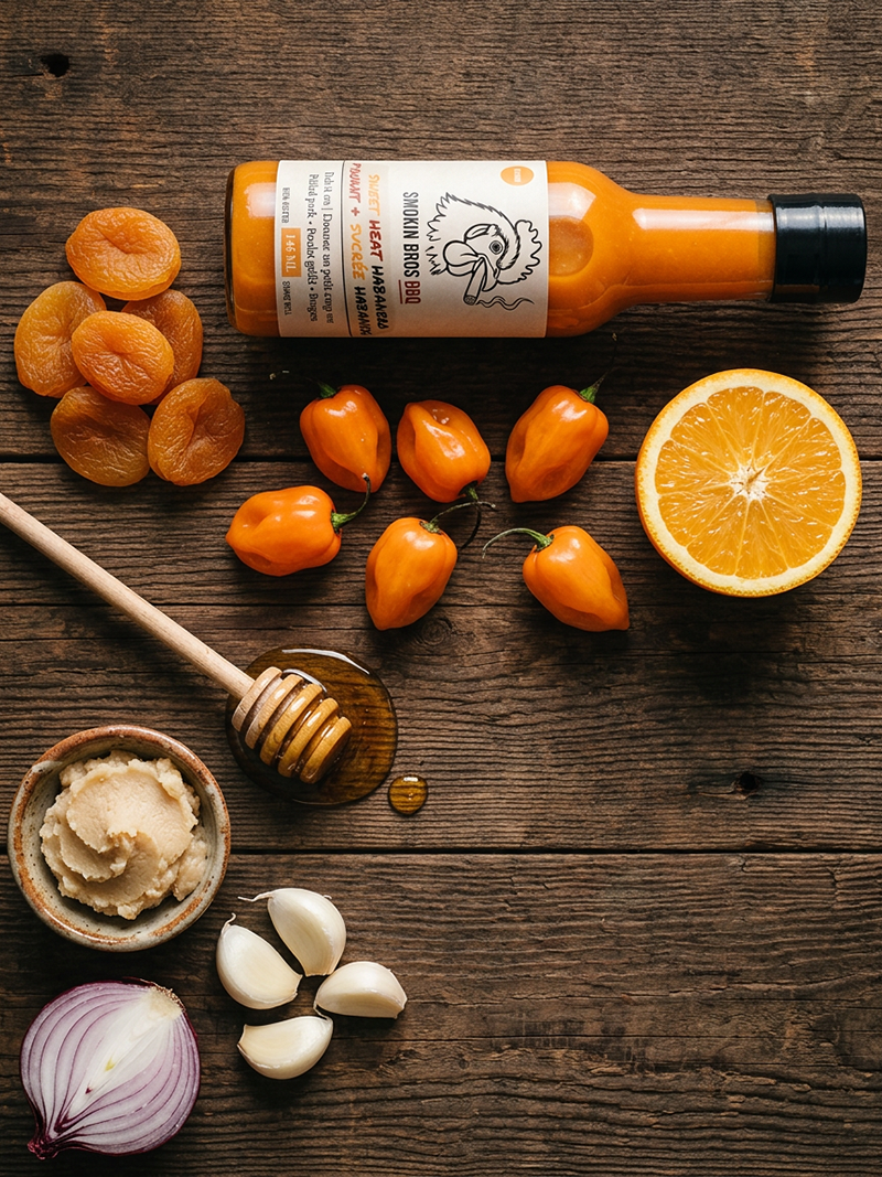 A bottle of Smokin Bros BBQ Sweet Heat Habanero sauce lies on a rustic dark wood surface surrounded by ingredients including sliced dried apricots, orange halves, small orange peppers, garlic cloves, red onion, honey, and a small bowl of paste.