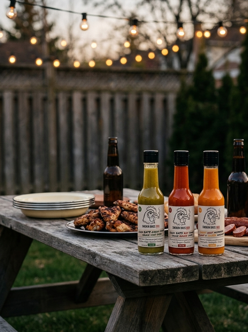 Smokin Bros BBQ trio of Hot Sauce arranged on a wooden picnic table outdoors, with plates of food and beer bottles nearby under warm string lights at dusk.